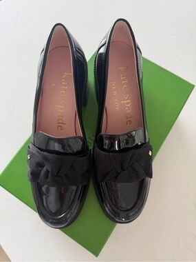 kate spade Black Patent Loafers with Bow Accent